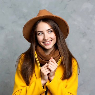 Young woman in yellow coat smiling