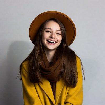 Smiling girl in yellow coat and hat