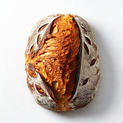 Fresh sourdough bread on a white surface