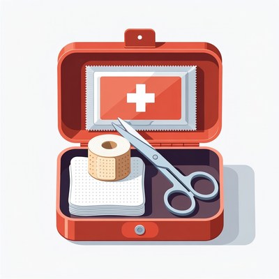 First aid kit with supplies open on a table