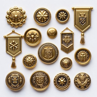 Gold decorative buttons and emblems display