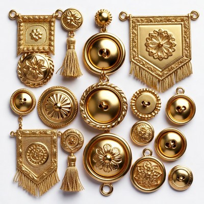 Gold decorative items arranged neatly
