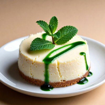 Creamy cheesecake with mint leaves on plate