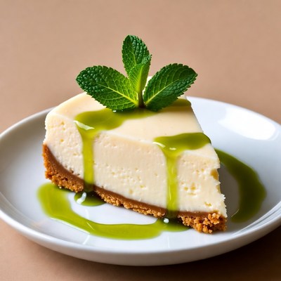 Cheesecake with green sauce on plate