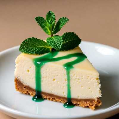 Cheesecake with green sauce and mint