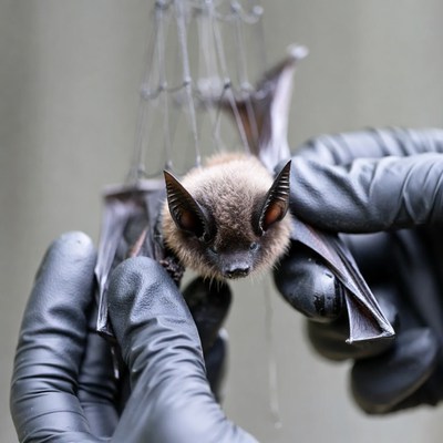 Bat held by gloved hands in nature