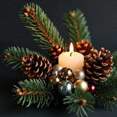 Christmas candle arrangement with pinecones