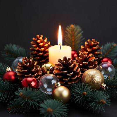A candle is lit among pinecones and ornaments