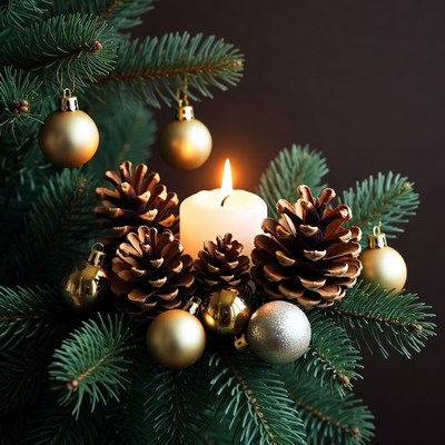 Christmas candle and pinecones arrangement