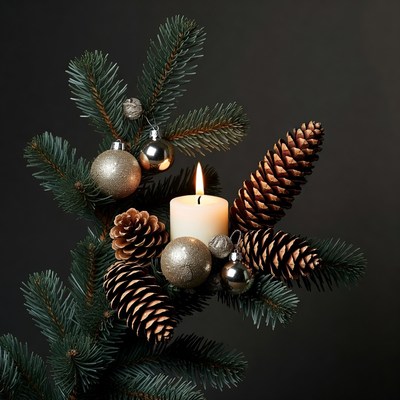 Christmas decorations with candle and pinecones
