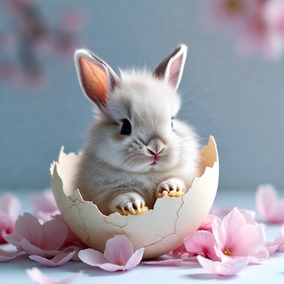 Bunny sitting in eggshell with flowers