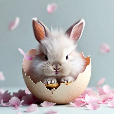 Bunny sitting in an eggshell with petals
