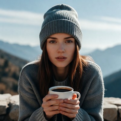Woman holds cup in mountain cafe