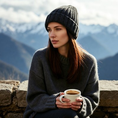 Woman enjoys coffee in mountains