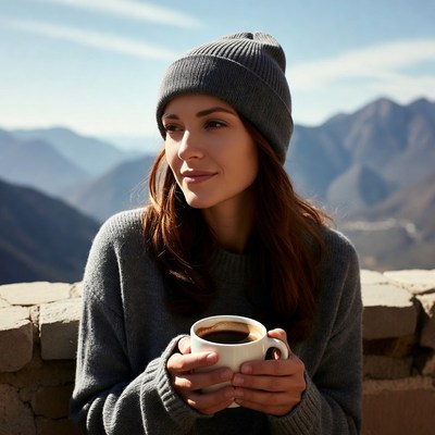 Woman enjoying coffee in mountains