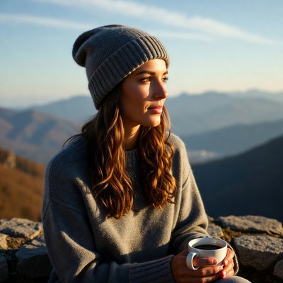 Woman enjoys coffee in mountains