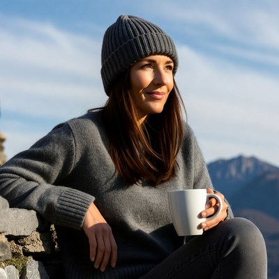 Woman enjoys coffee outdoors in mountains