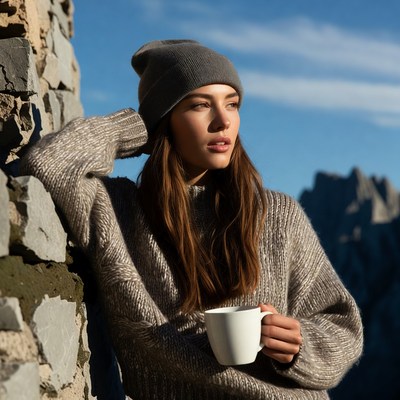 Woman enjoys coffee in mountains