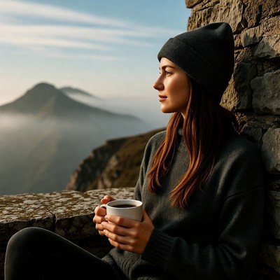 Woman with coffee in mountain view