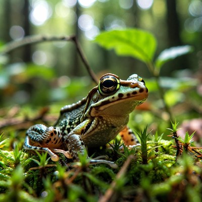 Frog resting on green moss in forest