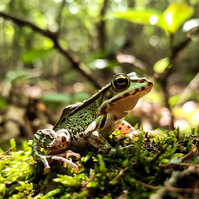 Frog resting on moss in the forest