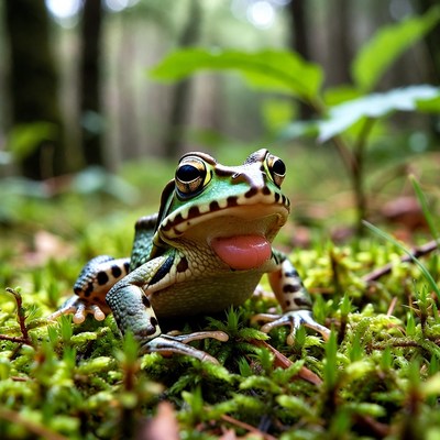 Frog sitting on moss in forest