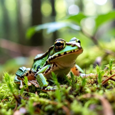 Frog resting on green moss in forest