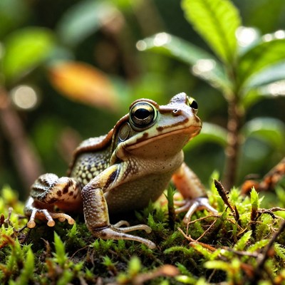 Frog sitting on green moss in forest