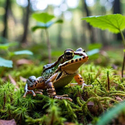 Frog resting on green moss in forest