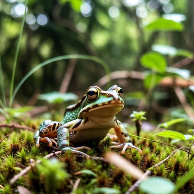 Frog sitting on moss in forest