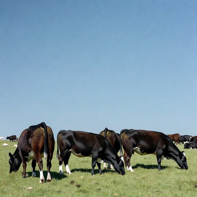 Cows grazing in open field under blue sky