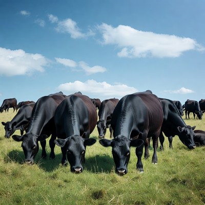 Cows grazing in a green field under blue sky