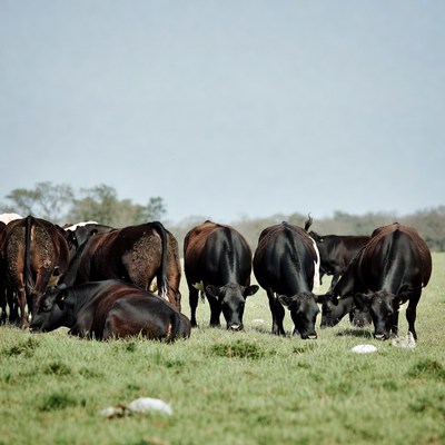 Cows grazing in green field under clear sky