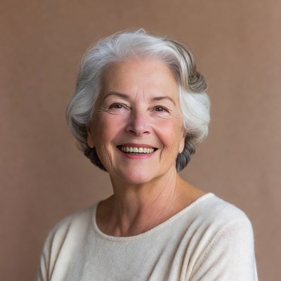 Smiling woman in light sweater indoors