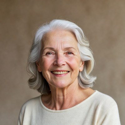 Elderly woman smiling in warm light