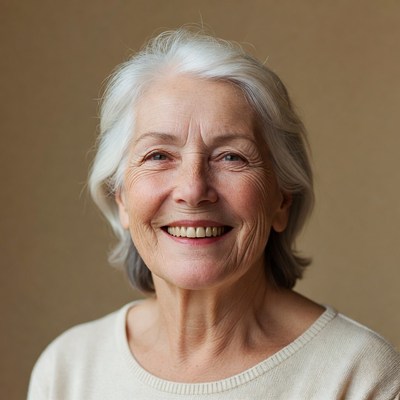 Woman smiles in simple setting