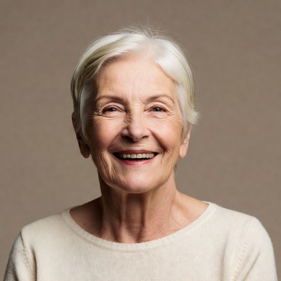 Elderly woman smiling with white hair