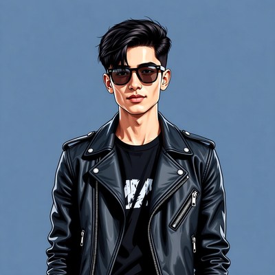 Young man wearing sunglasses in leather jacket