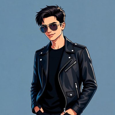 Young man wearing sunglasses and leather jacket