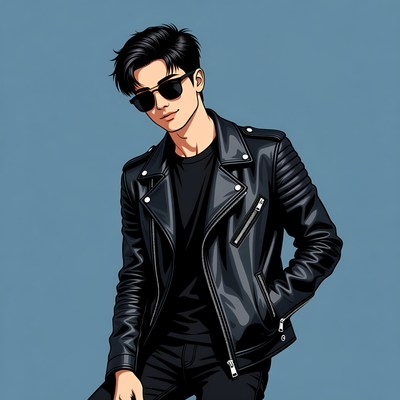 Young man in black leather jacket