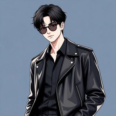 Young man in black leather jacket