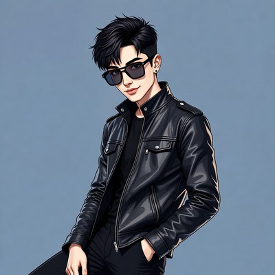 Young man wearing sunglasses and black jacket