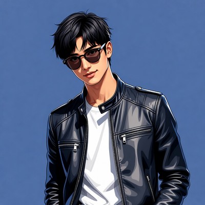 Young man wearing sunglasses and leather jacket