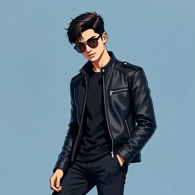 Young man in black leather jacket