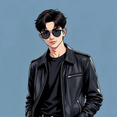 Young man in black jacket with sunglasses