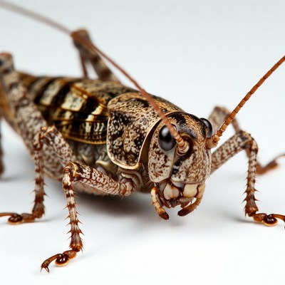 Close-up of a cricket on white background