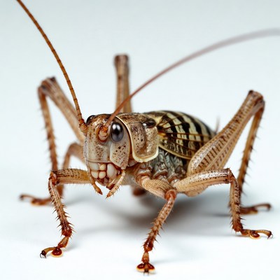 Close view of a cricket on a plain background