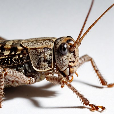 Close-up view of a grasshopper on white background