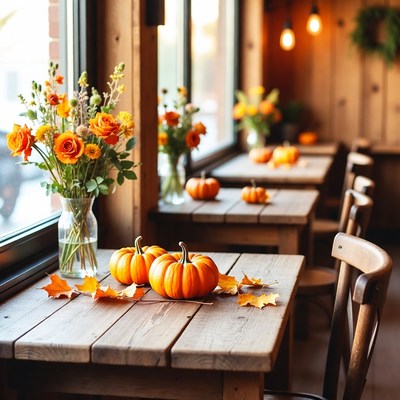 Autumn decorations in a cozy cafe