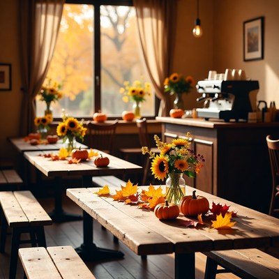 Sunny cafe with autumn decor and flowers